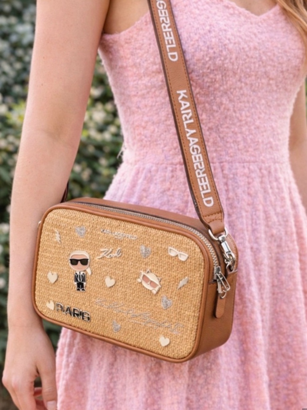 Rare - Karl Lagerfeld - Tan Raffia Crossbody with Logo Strap and Patch Accents